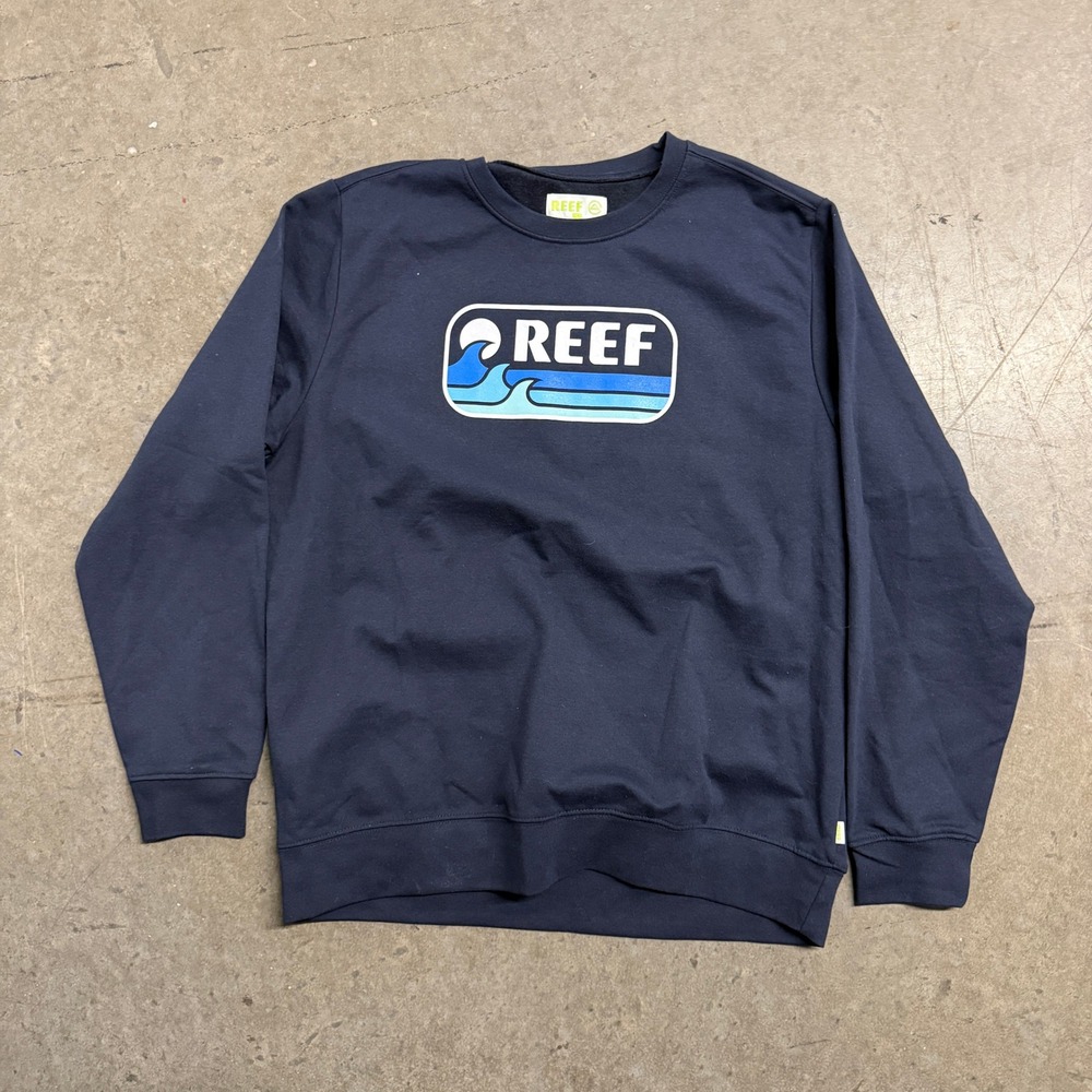 Reef Mens Navy Blue Wave Graphic Crewneck Sweatshirt Large Surf Lifestyle Fleece